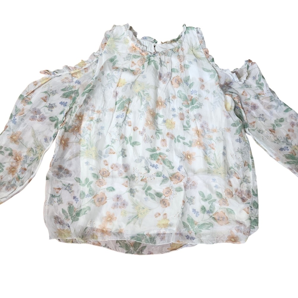 GIUSY Silk Floral Blouse Top Cold Shoulder Sheer Sleeve Multi Feminine Italy M